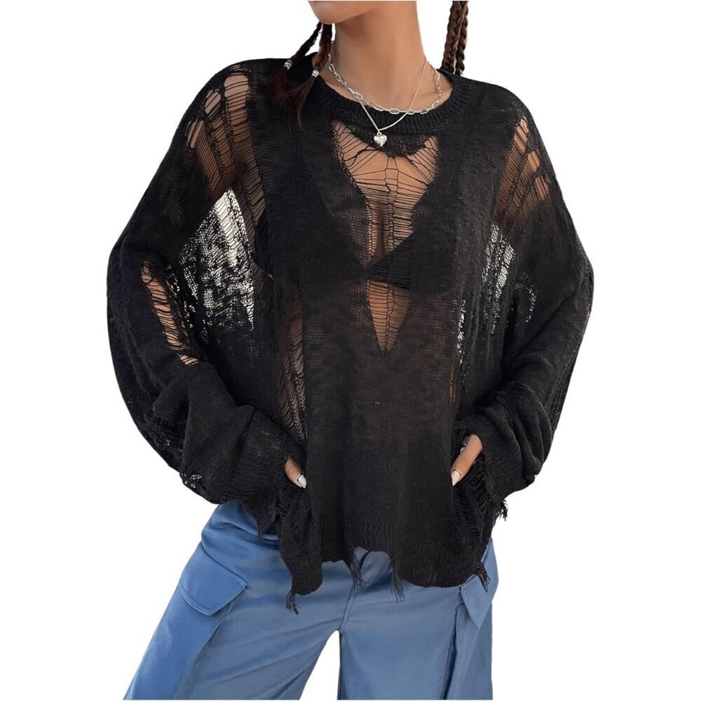 Women's Oversized Ripped Sweater Acrylic Long Sleeve Crew Neck Cozy
